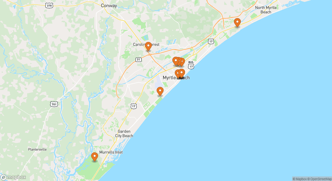 Kort der viser 12 oplevelseslokationer i Myrtle Beach