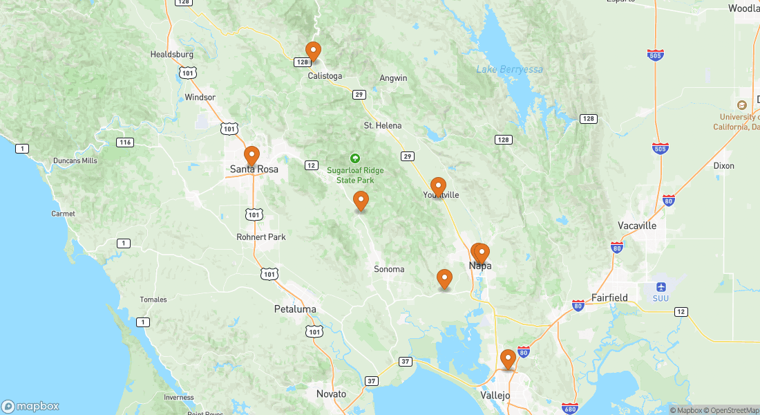Carte indiquant 8 lieux d'expériences à Napa