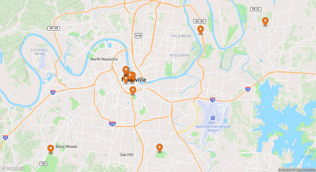 Mapa que muestra 12 lugares de experiencia en Nashville