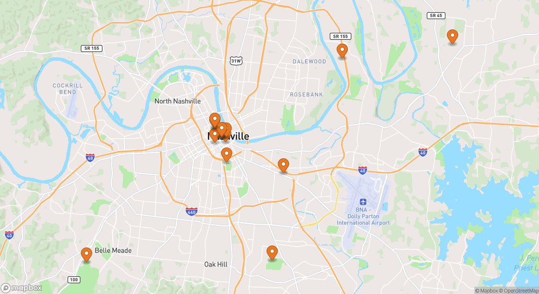 Kort, der viser 14 oplevelsessteder i Nashville