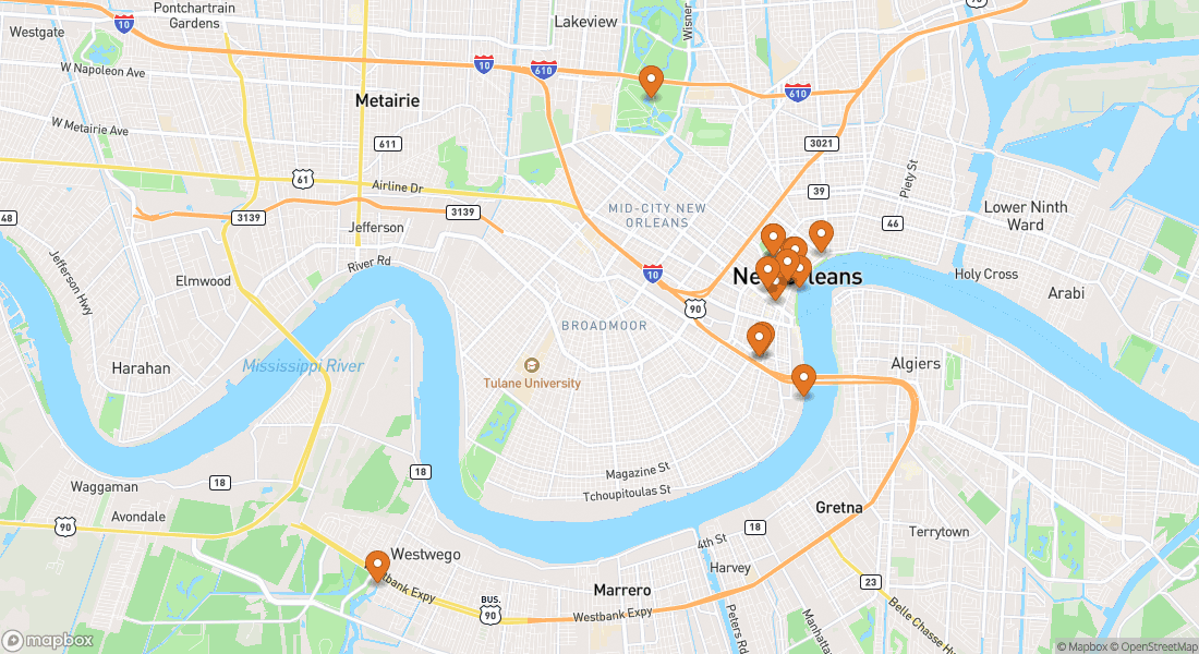 Kort, der viser 16 oplevelsessteder i New Orleans