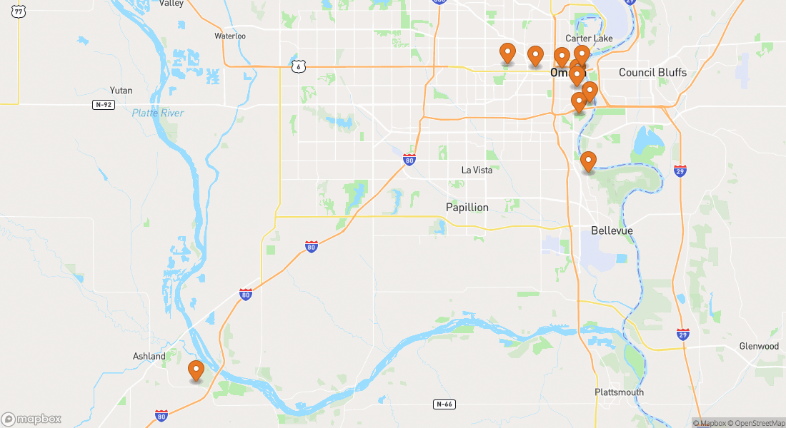 Karta som visar 10 upplevelseplatser i Omaha