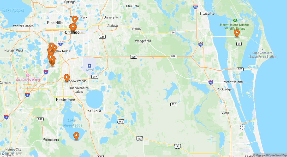 Kort, der viser 15 oplevelseslokationer i Orlando