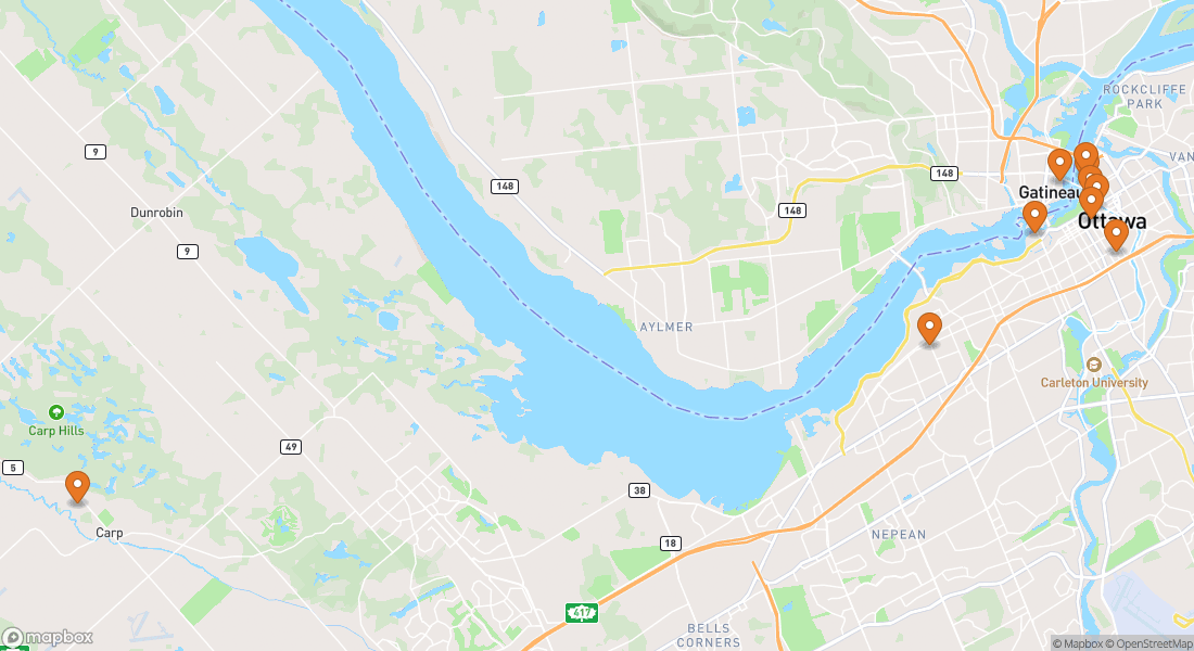 Karta som visar 10 upplevelseplatser i Ottawa