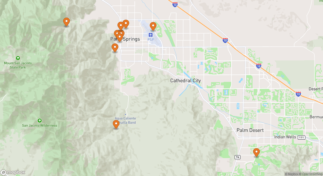 Karta som visar 10 upplevelseplatser i Palm Springs