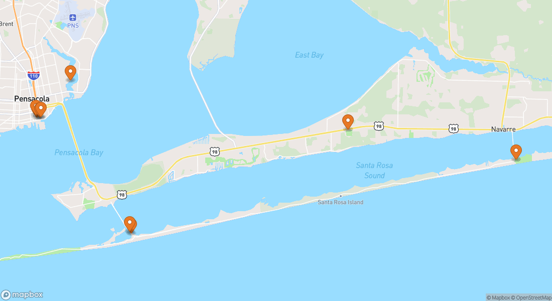 Carte montrant 9 lieux d'expériences à Pensacola