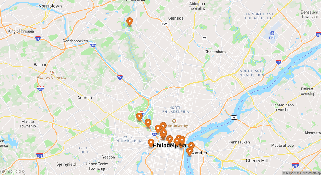 Kort der viser 17 oplevelseslokationer i Philadelphia