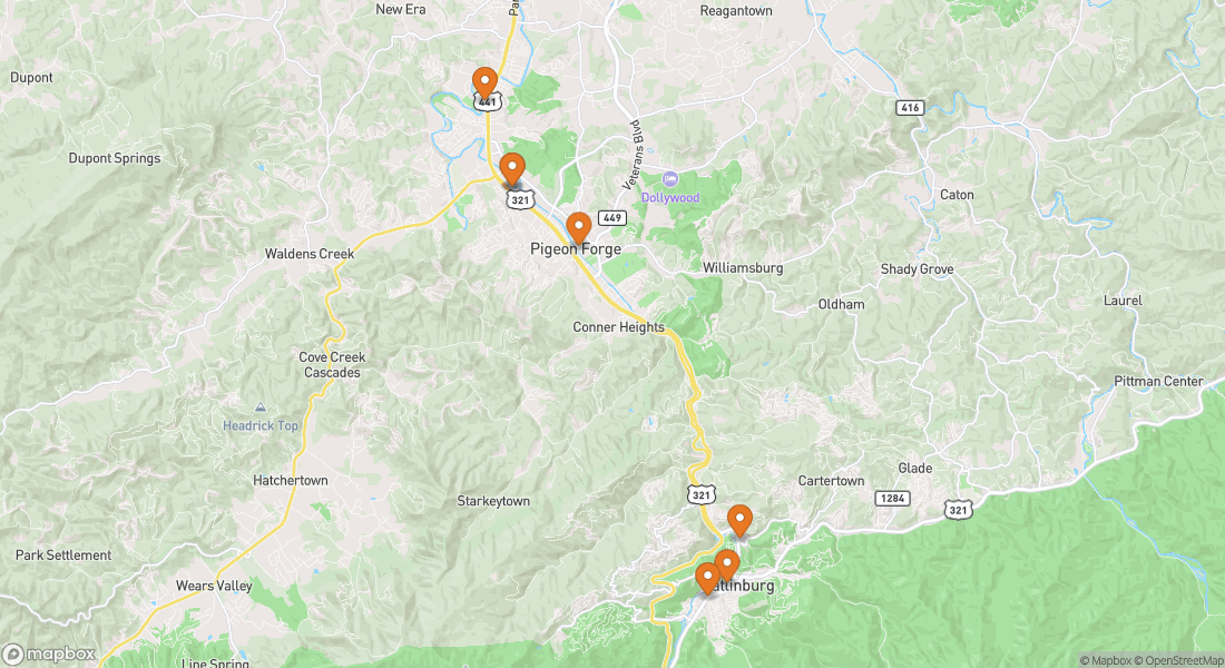 Carte montrant 7 lieux d'expériences à Pigeon Forge