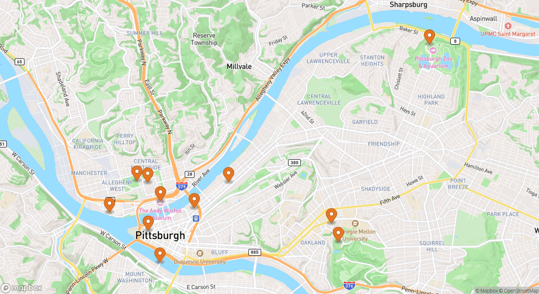 Kort der viser 11 oplevelsessteder i Pittsburgh