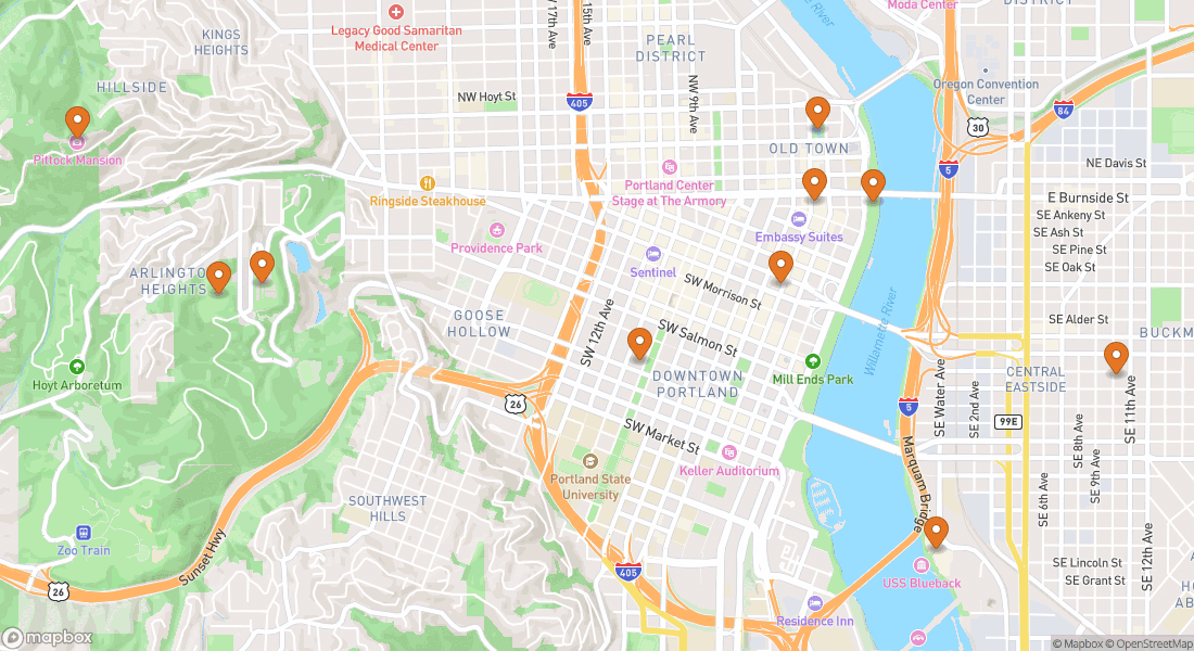 Karta som visar 10 upplevelseplatser i Portland