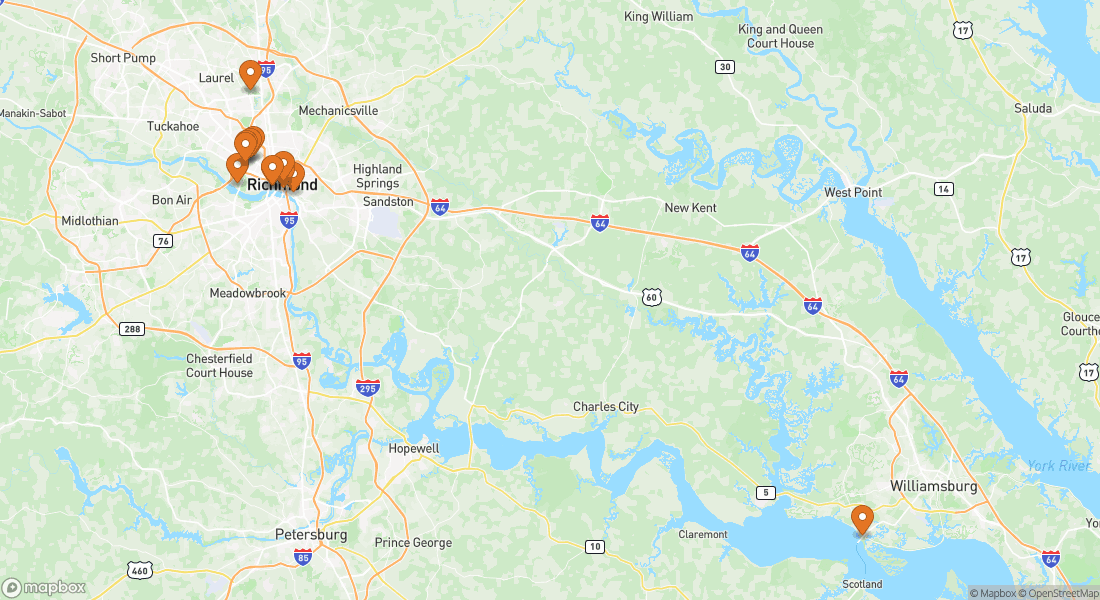 Kort, der viser 12 oplevelseslokationer i Richmond