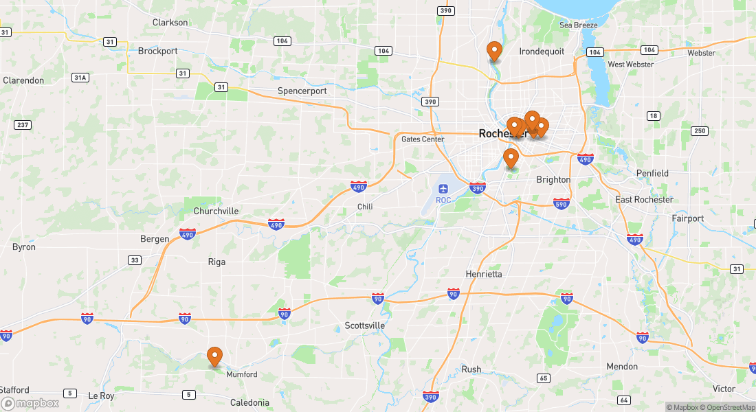 Karta som visar 8 upplevelseplatser i Rochester