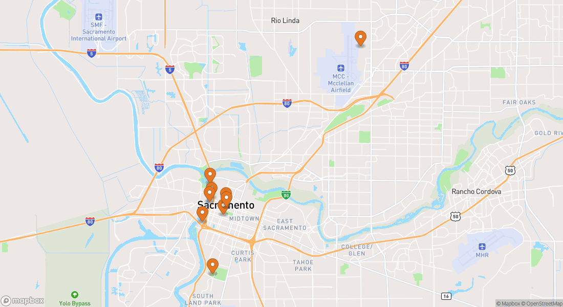 Karta som visar 9 upplevelseplatser i Sacramento