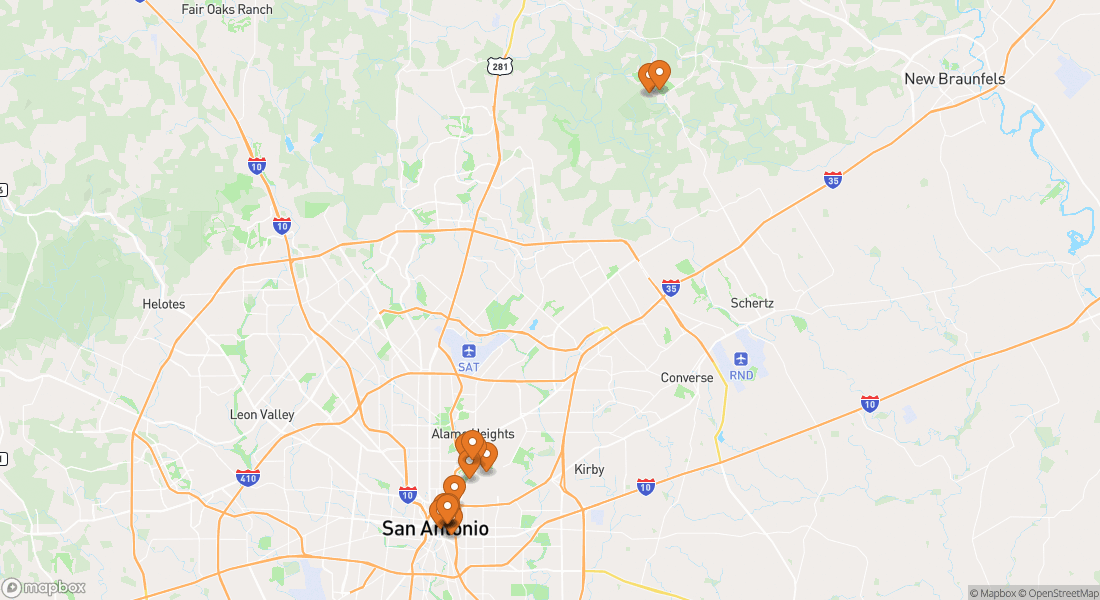 Kort der viser 15 San Antonio oplevelseslokationer