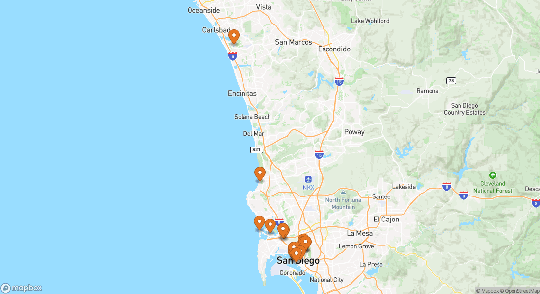 Kort der viser 16 San Diego oplevelseslokationer