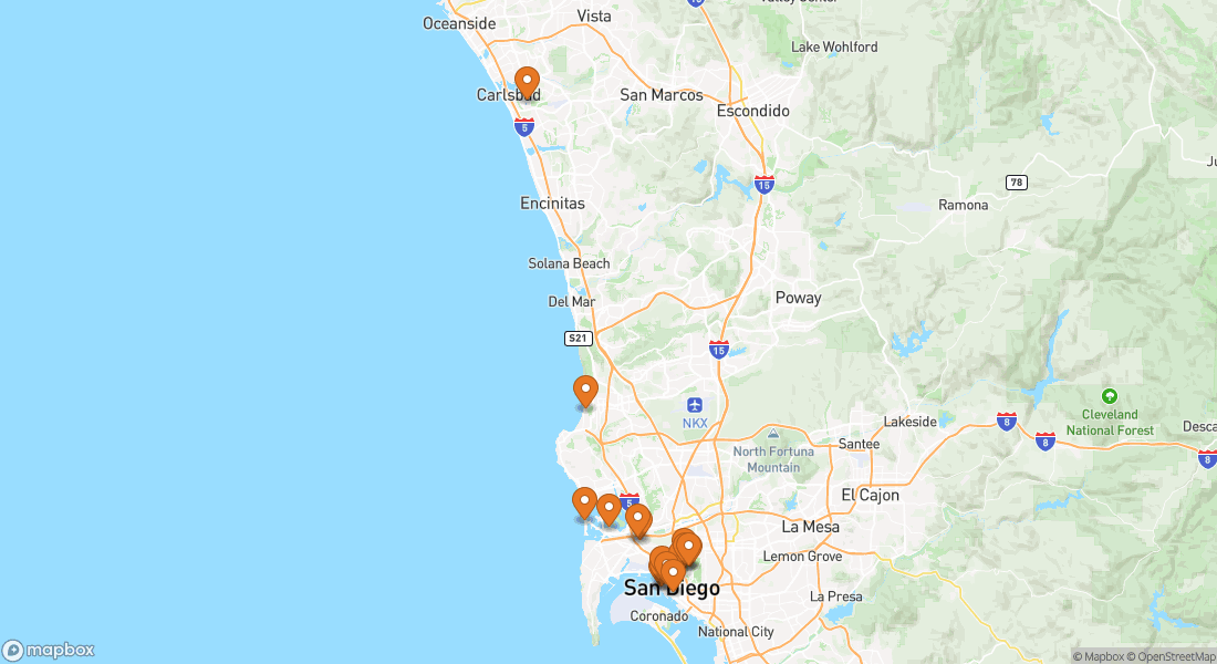 Carte montrant 16 lieux d'expérience à San Diego