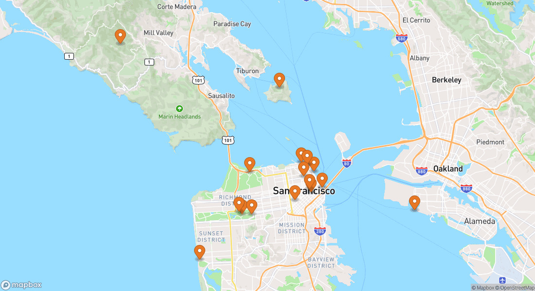 Kort der viser 16 San Francisco oplevelseslokationer