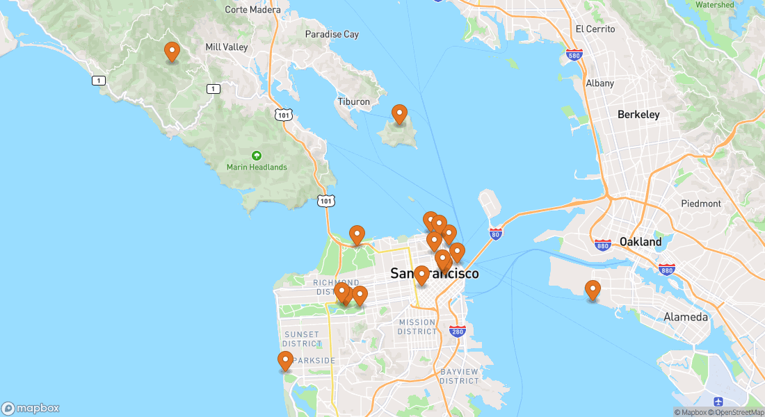 Haritada 16 San Francisco deneyim konumu gösteriliyor