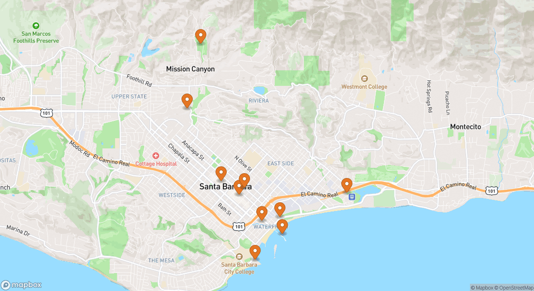 Karta som visar 10 upplevelseplatser i Santa Barbara