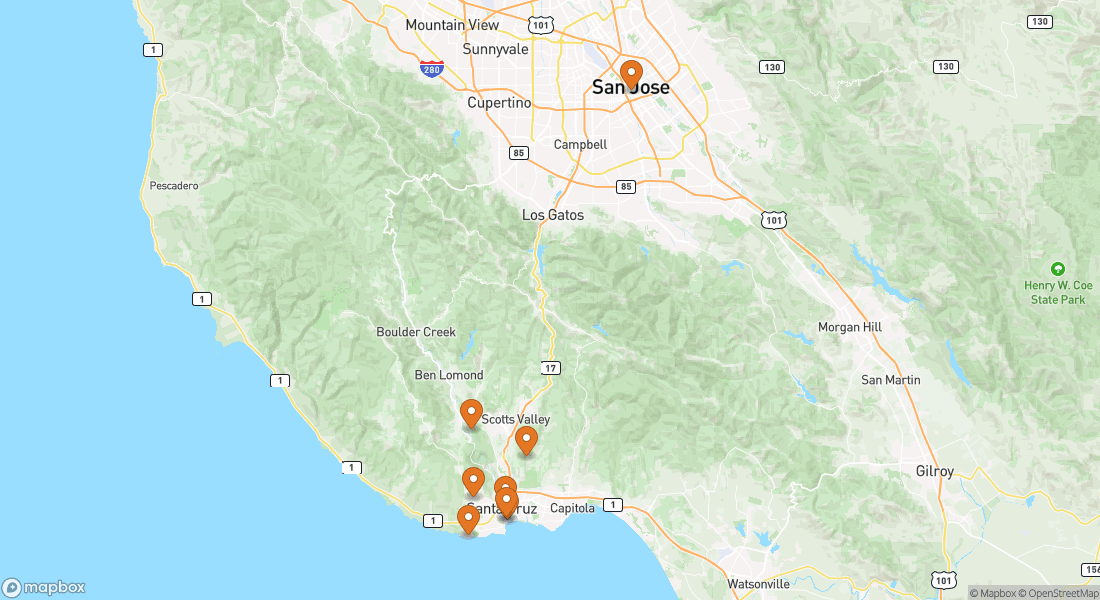 Carte montrant 8 lieux d'expériences à Santa Cruz