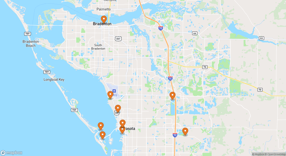 Carte indiquant 9 lieux d'expériences à Sarasota