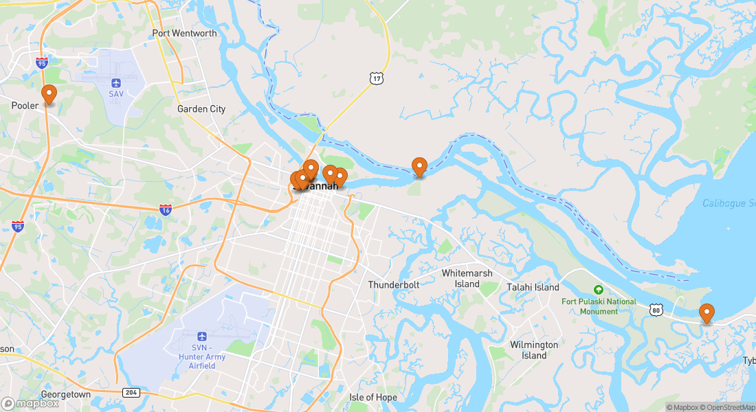 Karta som visar 11 upplevelseplatser i Savannah