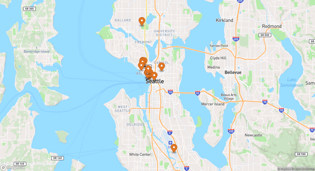 Carte indiquant 14 lieux d’expériences à Seattle