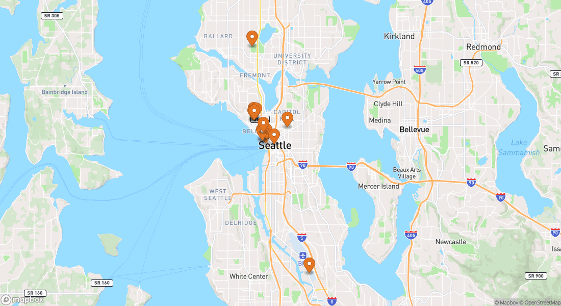 Kort der viser 14 oplevelseslokationer i Seattle