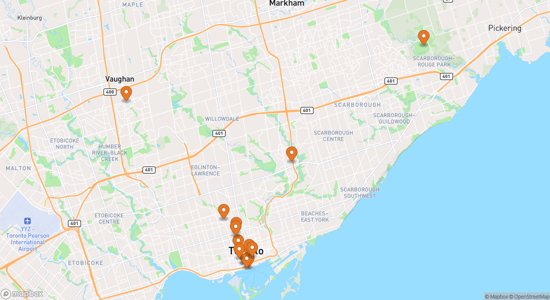 Kort der viser 14 oplevelseslokationer i Toronto