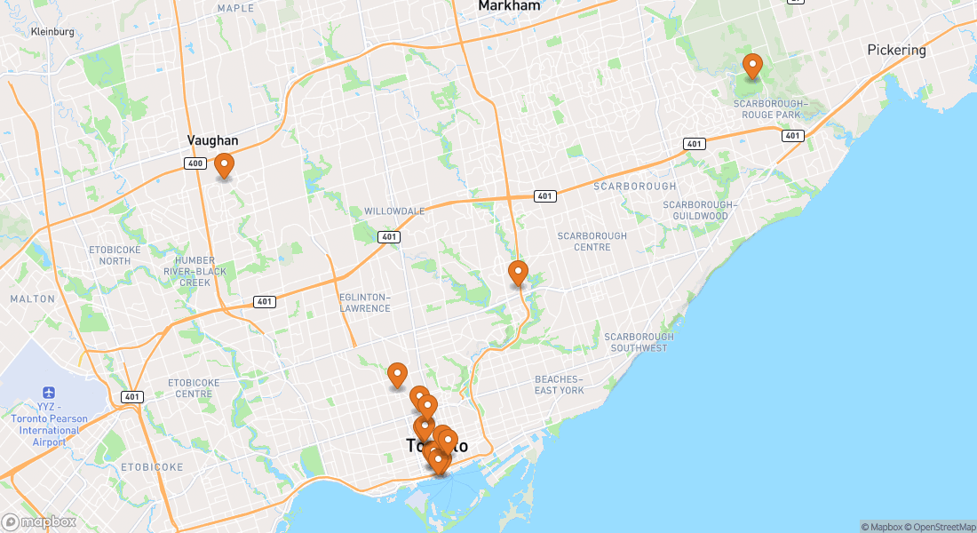 Mapa zobrazující 14 míst zážitků v Torontu