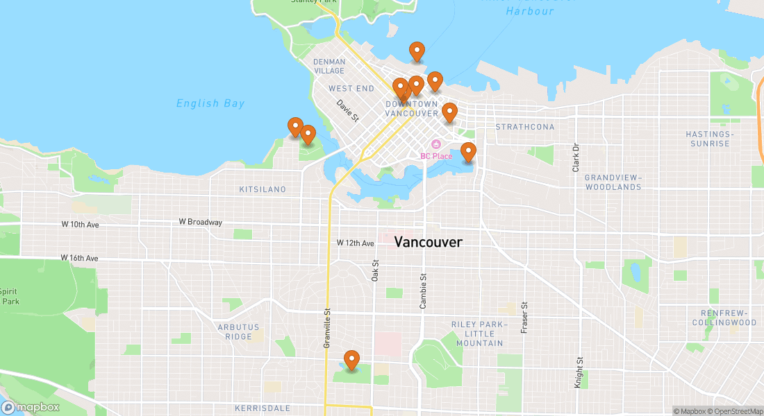 Karta som visar 10 upplevelseplatser i Vancouver
