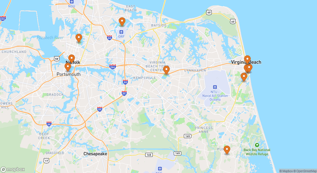 Kort, der viser 10 oplevelseslokationer i Virginia Beach