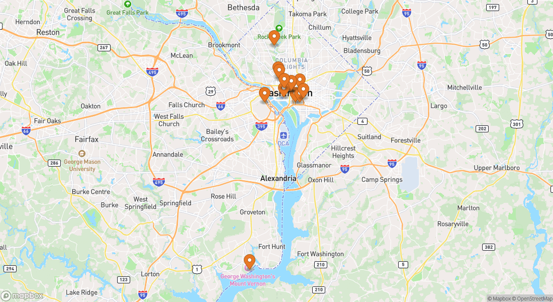 Kort der viser 13 oplevelseslokationer i Washington