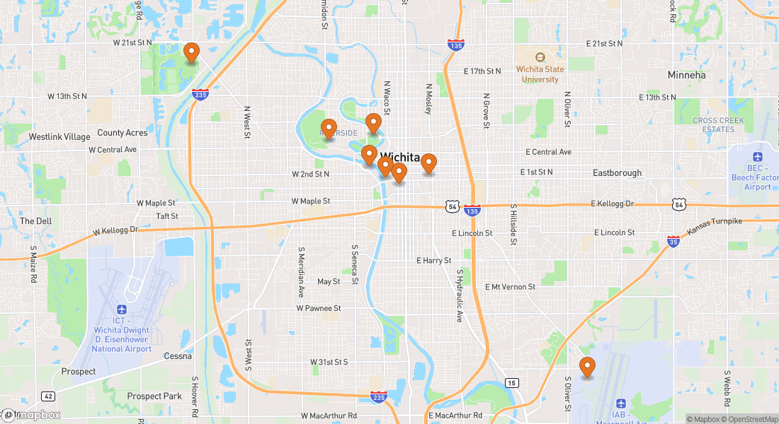Carte montrant 8 lieux d'expériences à Wichita