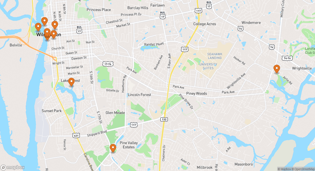 Carte indiquant 9 lieux d'expérience à Wilmington