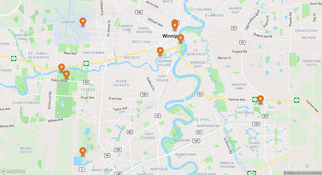 Carte montrant 9 lieux d'expériences à Winnipeg