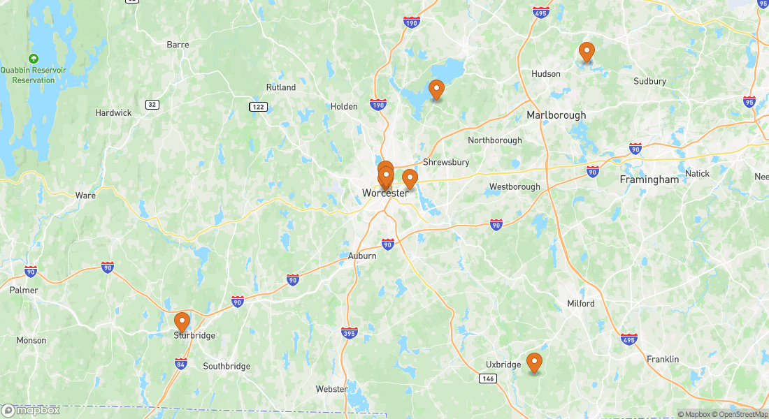 Carte indiquant 8 lieux d'expériences à Worcester
