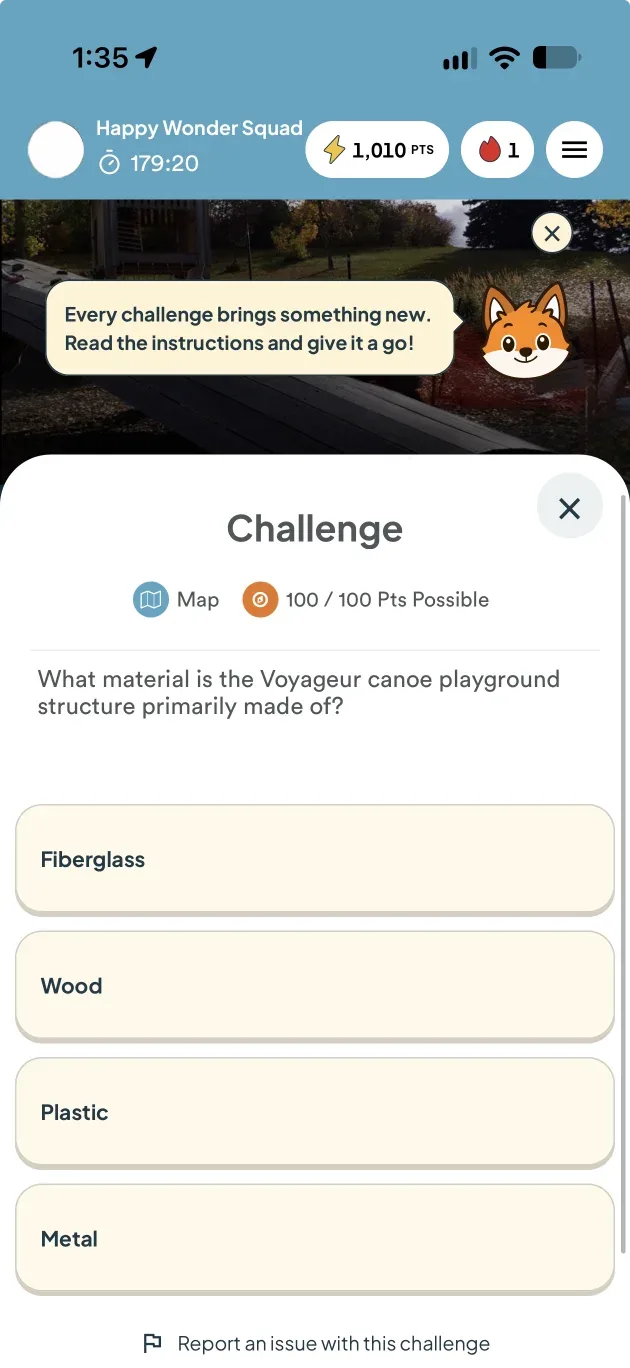Sample Let's Roam app challenge showing a question, answer choices, and points
