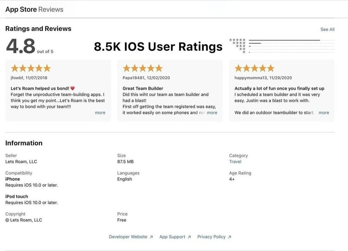Eksempler på bedømmelser af Let’s Roam i App Store