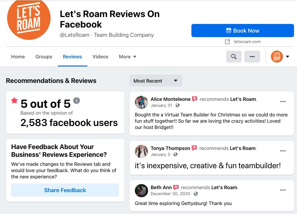 Eksempler på Let’s Roam Facebook-anmeldelser