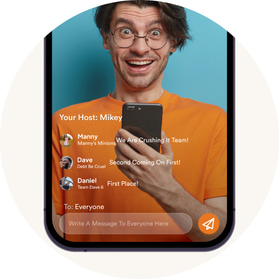 Live in-app virtual host guiding team building scavenger hunt with challenges and updates